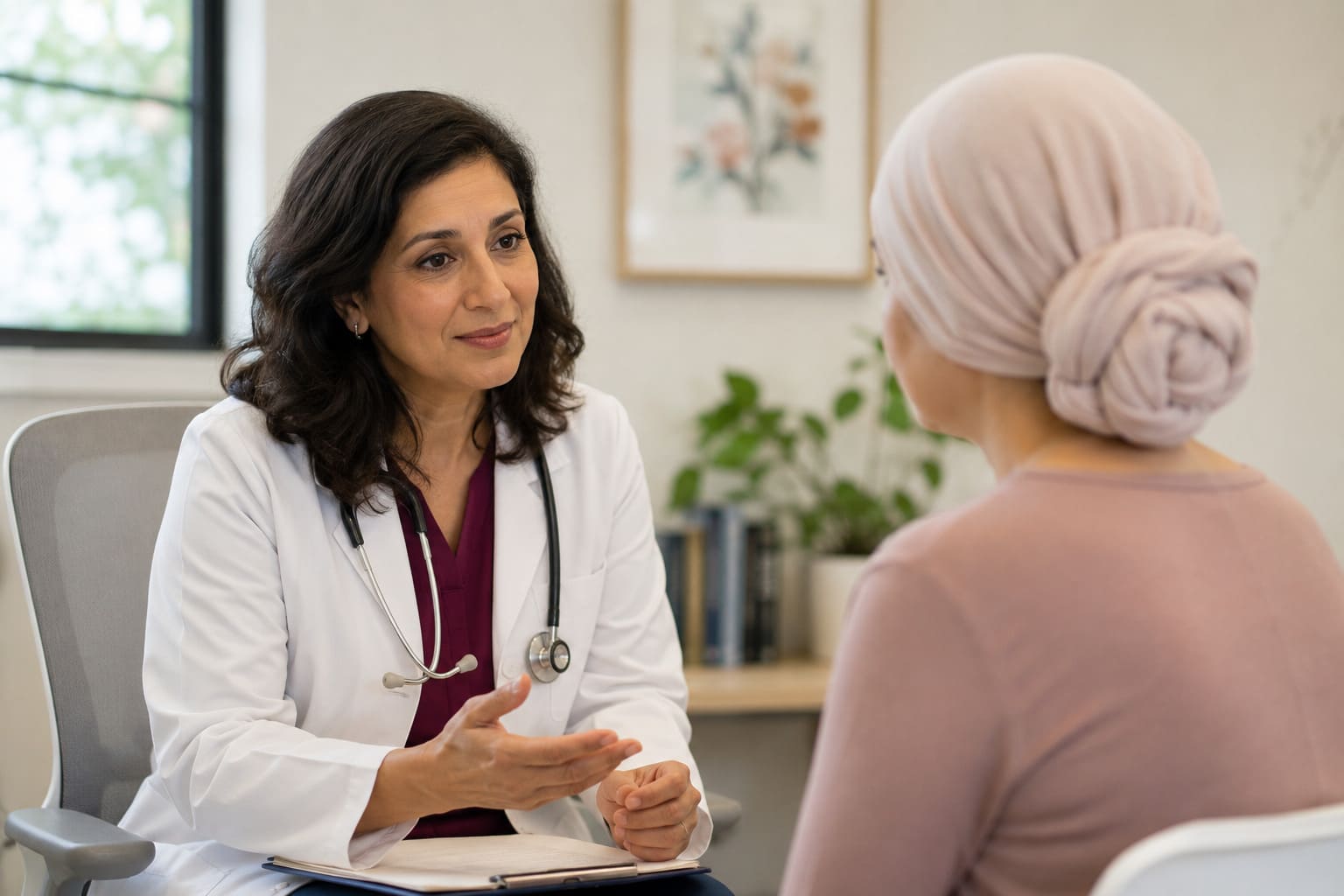 A physician speaking with a patient about her ongoing cancer care